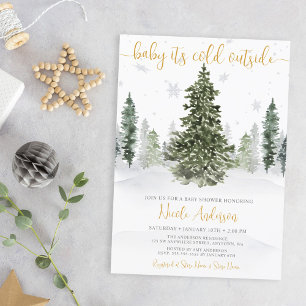 Invitation Fête de Bébé Forêt d'Hiver à l'Aquarelle Or