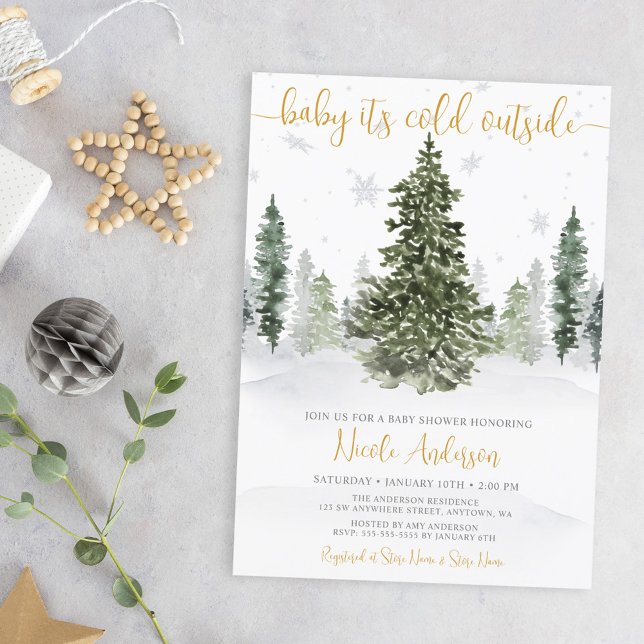 Invitation Fête de Bébé Forêt d'Hiver à l'Aquarelle Or (Créateur téléchargé)
