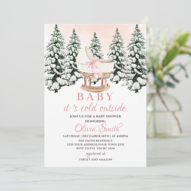 Invitation Fête de Bébé Forêt d'Hiver Rose C'est Froid Dehors (Debout devant)