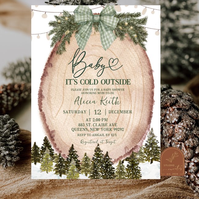 Invitation Fête de Bébé Forêt d'Hiver Rustique Coquette Verte (Créateur téléchargé)