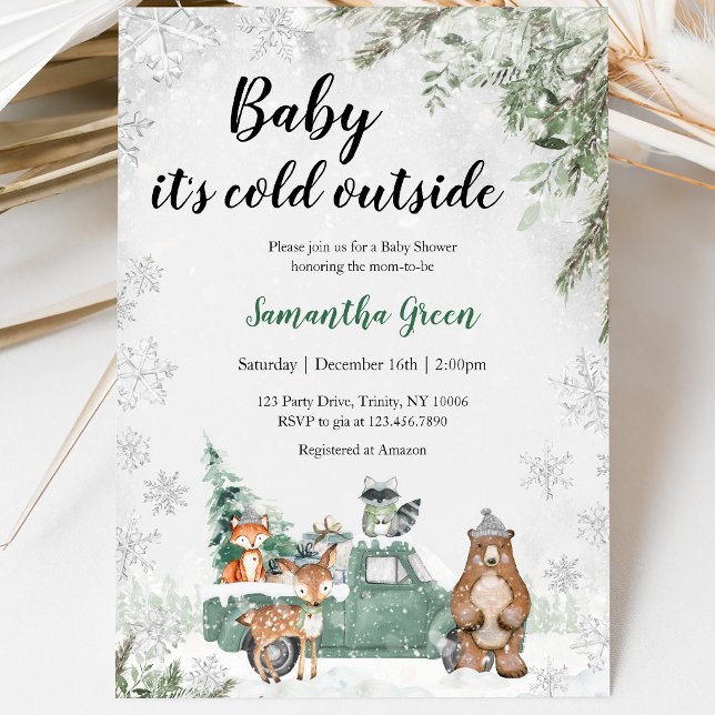 Invitation Fête de Bébé Forêt Enneigée et Verdure (Créateur téléchargé)