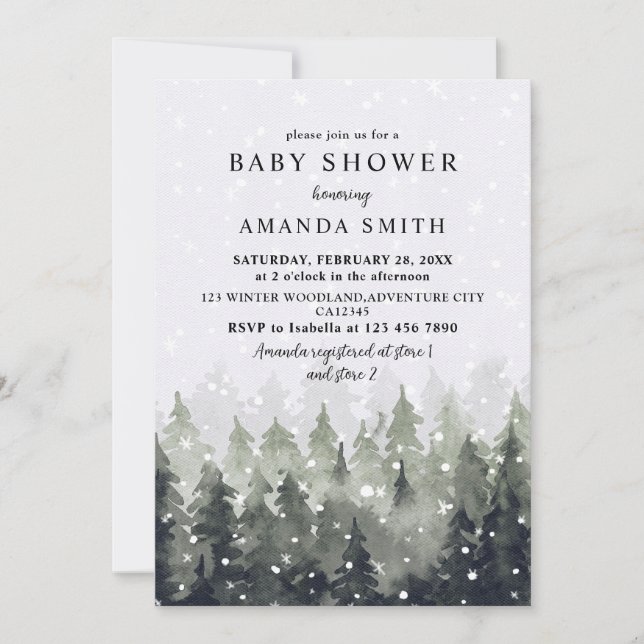 Invitation Fête de Bébé Forêt Enneigée Merveilleux Hiver (Devant)