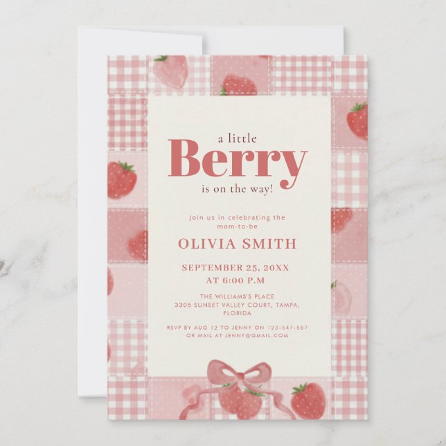 Invitation Fête de Bébé Fraise à Carreaux Coquette (Devant)