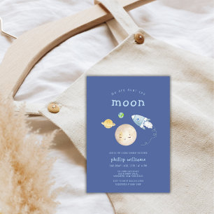 Invitation Fête de Bébé Fusée Bateau Spatial Bleu Au-Dessus d