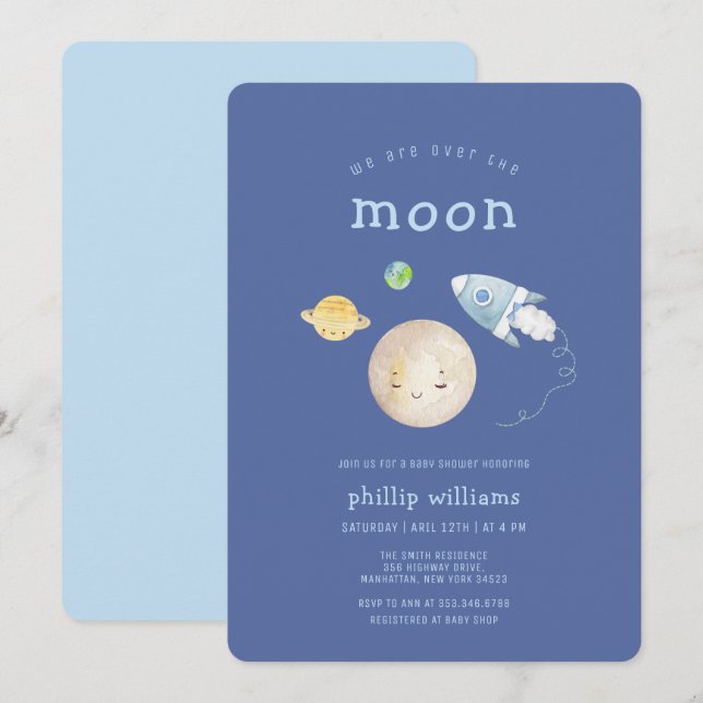 Invitation Fête de Bébé Fusée Bateau Spatial Bleu Au-Dessus d (Devant / Derrière)
