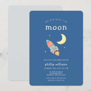 Invitation Fête de Bébé Fusée Bleue Grise Au-Dessus de la Lun