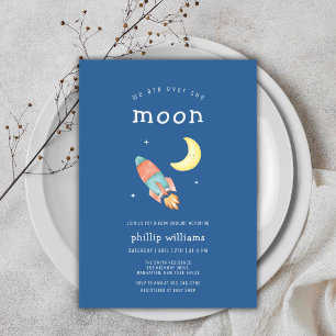 Invitation Fête de Bébé Fusée Bleue Grise Au-Dessus de la Lun