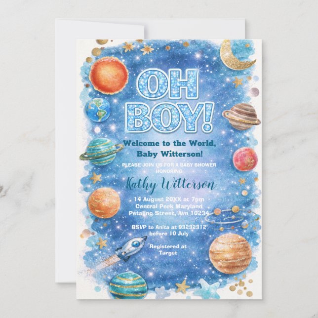 Invitation Fête de Bébé Galaxie Lune Étoiles Paillettes (Devant)