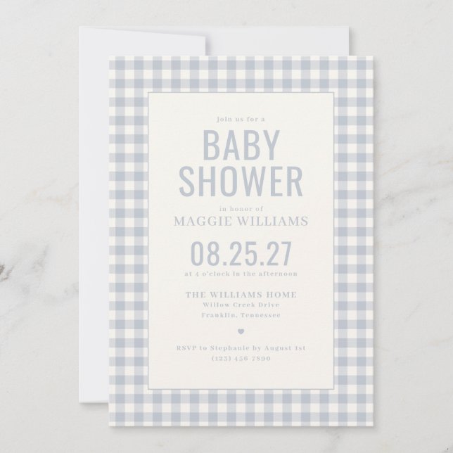 Invitation Fête de bébé garçon à carreaux bleus (Devant)