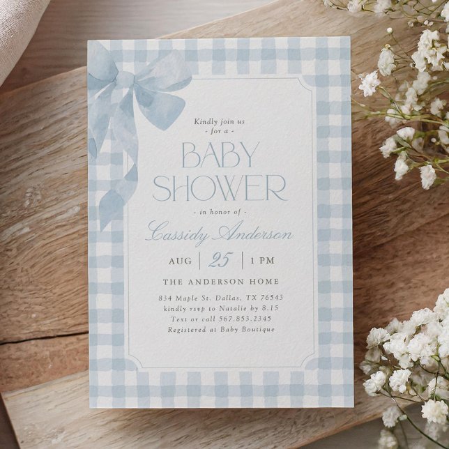Invitation Fête de bébé garçon à l'arc en vichy bleu (Créateur téléchargé)