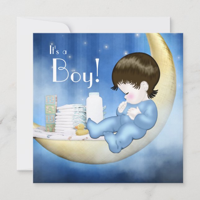 Invitation Fête de bébé garçon à thème lune bleue et jaune (Devant)