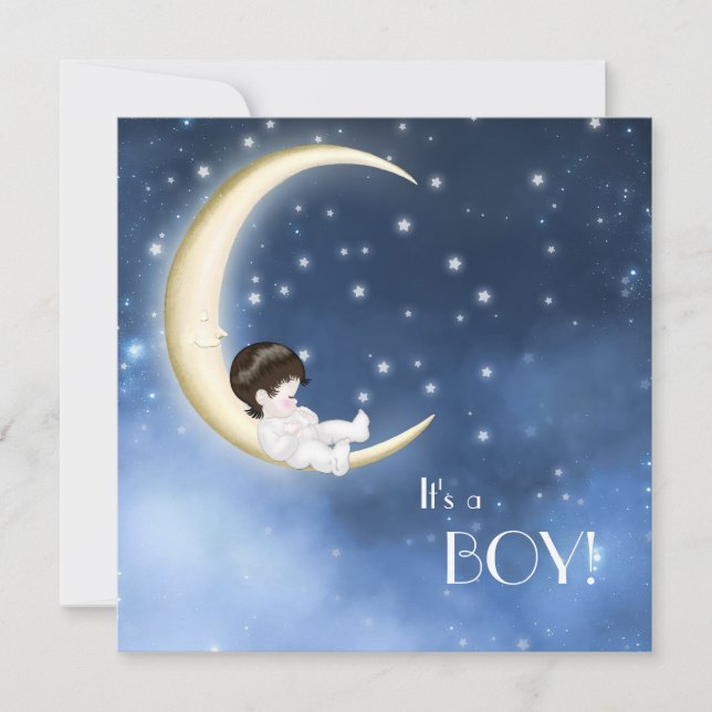 Invitation Fête de bébé garçon à thème lune bleue et jaune (Devant)