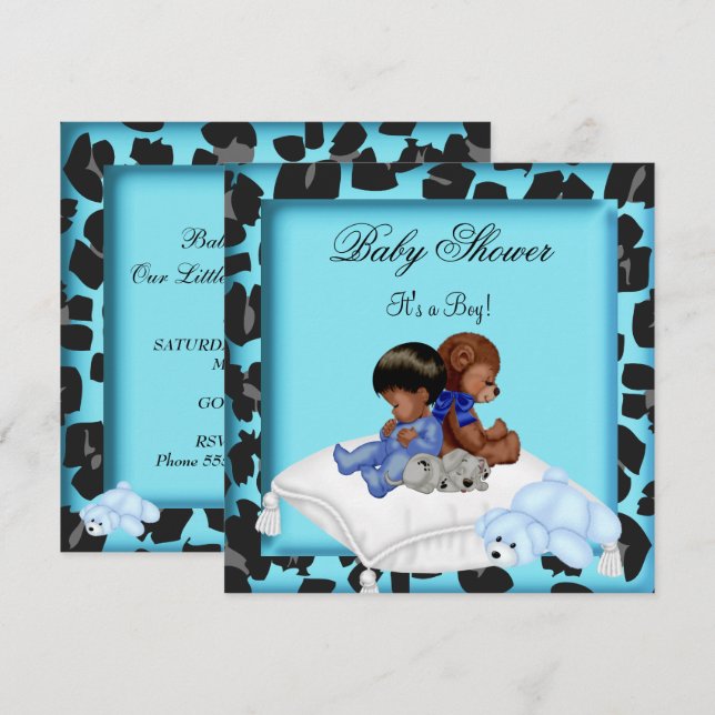 Invitation Fête de bébé garçon afro-américain Animal Ours (Devant / Derrière)