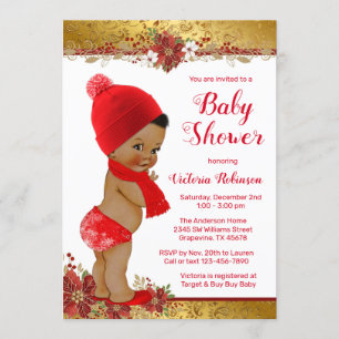 Invitation Fête de bébé garçon afro rouge or Noël Baby Shower