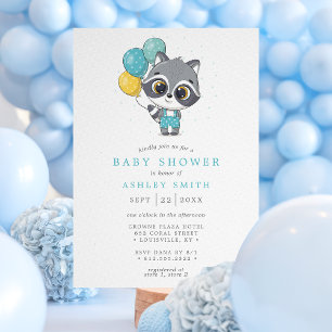 Invitation Fête de Bébé Garçon Aquarelle Mignon Raton Laveur