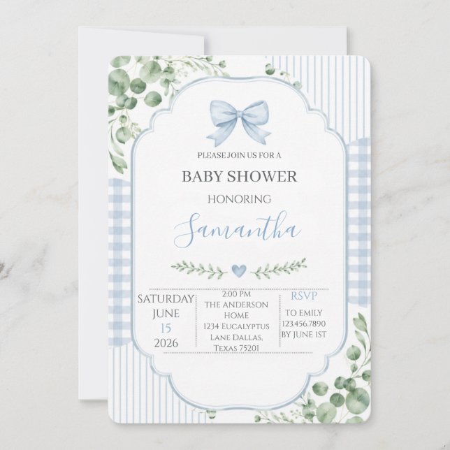 Invitation Fête de bébé garçon au ruban bleu et gingham (Devant)