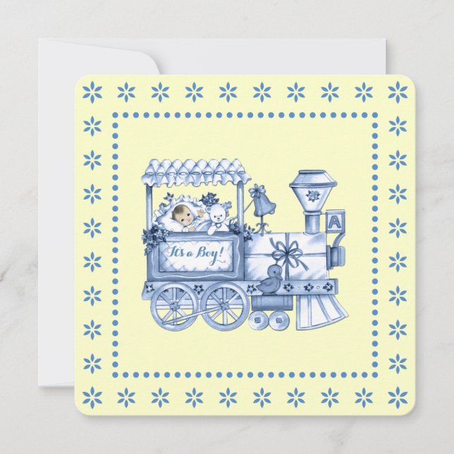 Invitation Fête de bébé garçon au train jaune et bleu (Devant)