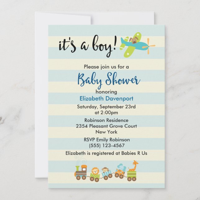 Invitation Fête de bébé garçon avec train jouet et avion (Devant)