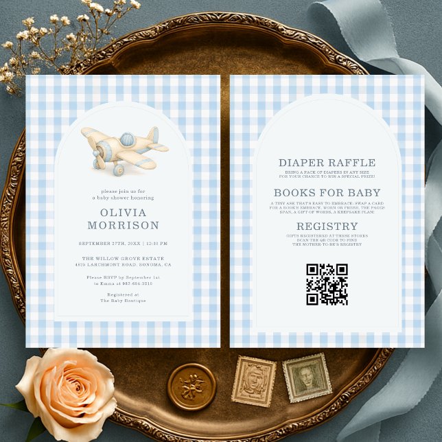 Invitation Fête de bébé garçon avion Gingham bleu tout en un (Créateur téléchargé)