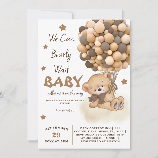 Invitation Fête de bébé garçon ballons ours (Devant)