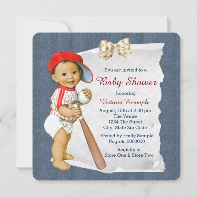 Invitation Fête de bébé garçon baseball et denim (Devant)
