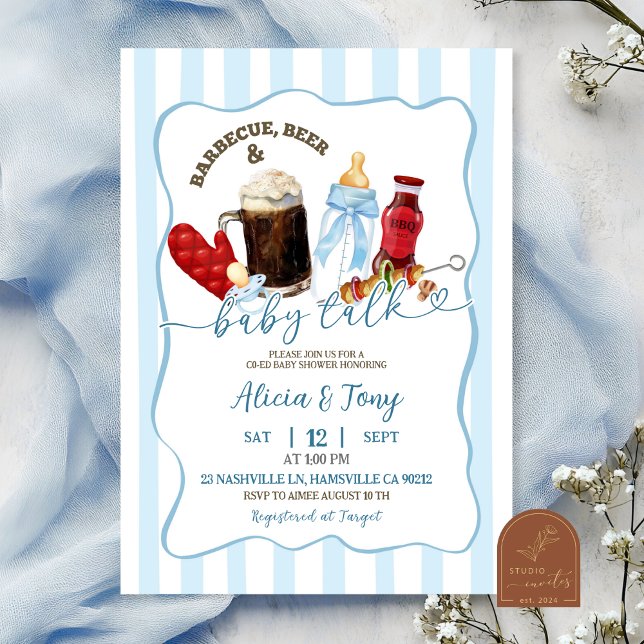 Invitation Fête de bébé garçon BBQ Diapers and Brews rayures  (Créateur téléchargé)