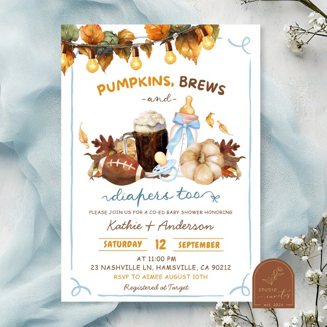 Invitation Fête de bébé garçon bleu citrouilles Boho d'automn (Créateur téléchargé)
