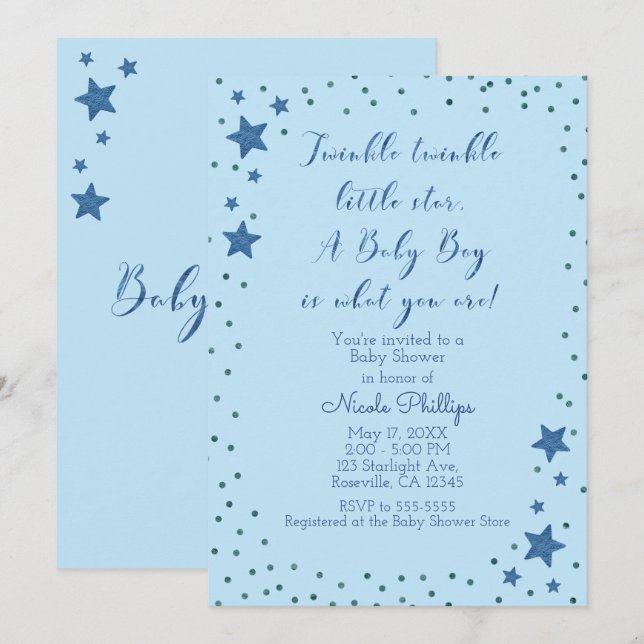 Invitation Fête de Bébé Garçon Bleu Clair Twinkle Little Star (Devant / Derrière)