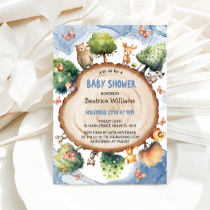 Invitation Fête de bébé garçon Bleu de la Forêt Enchantée
