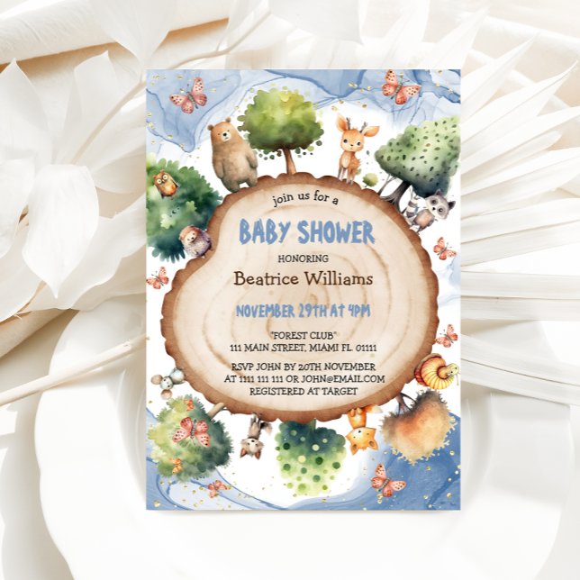 Invitation Fête de bébé garçon Bleu de la Forêt Enchantée  (Créateur téléchargé)