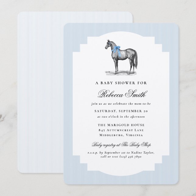 Invitation Fête de Bébé Garçon Bleu Élégant Cheval Ancien (Devant / Derrière)