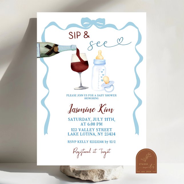 Invitation Fête de Bébé Garçon Bleu Fantaisiste Sip and See (Créateur téléchargé)