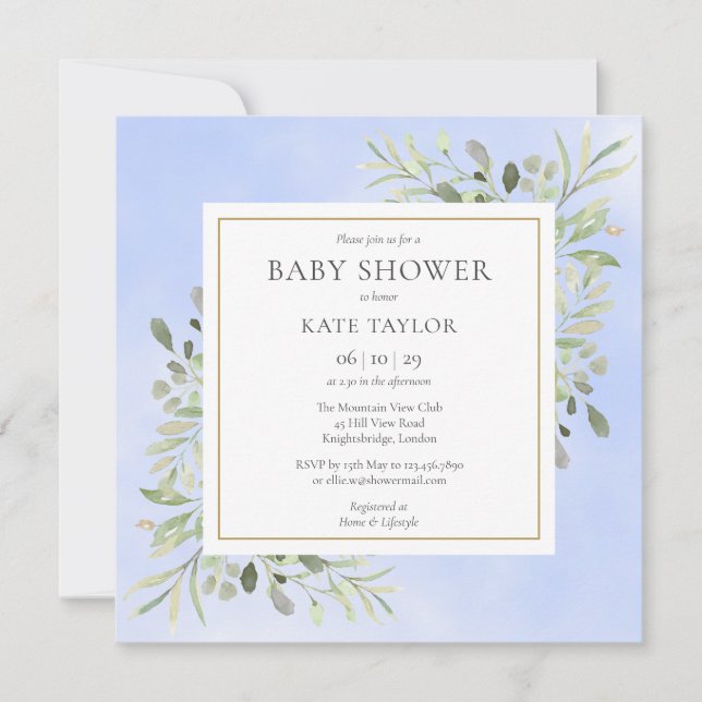 Invitation Fête de bébé garçon bleu Feuillage verdure | Sprin (Devant)