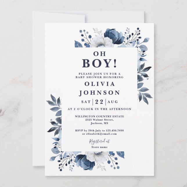 Invitation Fête de bébé garçon bleu floral Oh Boy Navy Blue (Devant)