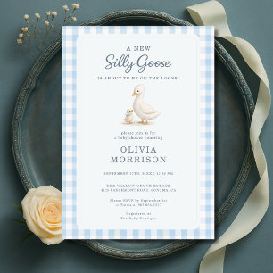 Invitation Fête de bébé Garçon Bleu Gingham Dindon Fou