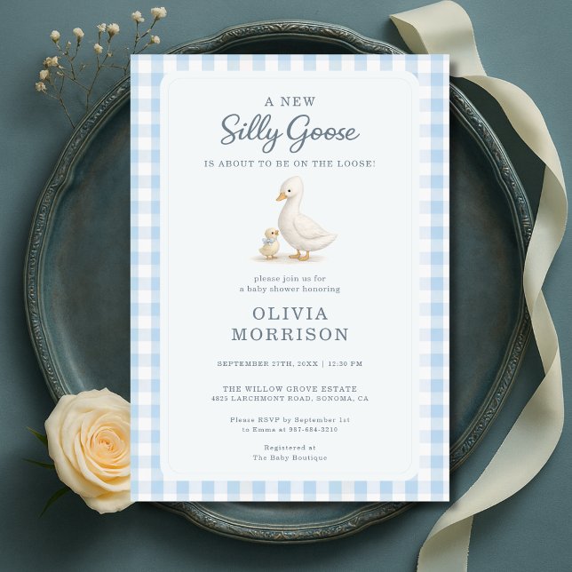 Invitation Fête de bébé Garçon Bleu Gingham Dindon Fou (Créateur téléchargé)