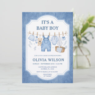 Invitation Fête de bébé garçon bleu jean corde à linge