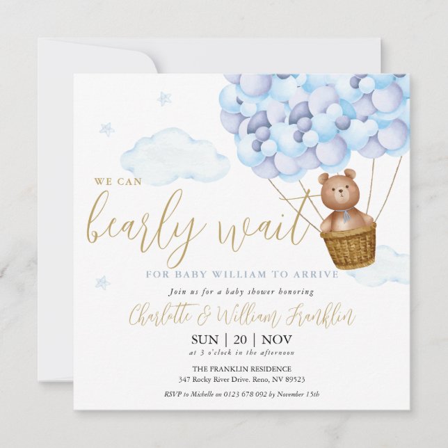 Invitation Fête de bébé garçon bleu Ourson On Peut à peine At (Devant)