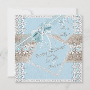 Invitation Fête de bébé garçon bleu perle bow dentelle vintag