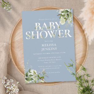 Invitation Fête de bébé garçon bleu poussiéreux feuillage ver