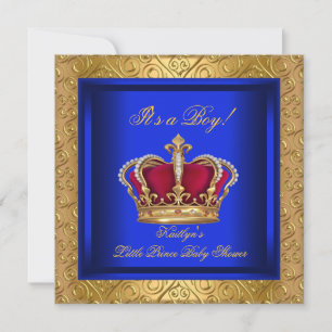 Invitation Fête de bébé garçon bleu royal damassé or