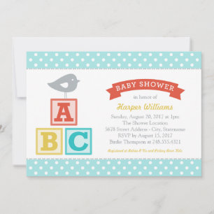 Invitation Fête de bébé garçon blocs ABC Aqua Blue Bird