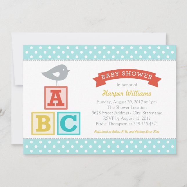Invitation Fête de bébé garçon blocs ABC Aqua Blue Bird (Devant)