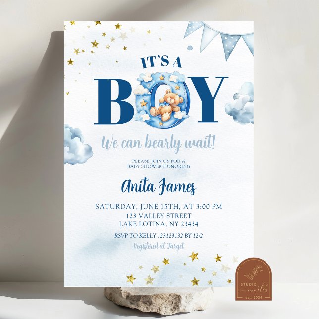 Invitation Fête de bébé garçon Blue Boy Bearly Wait (Créateur téléchargé)