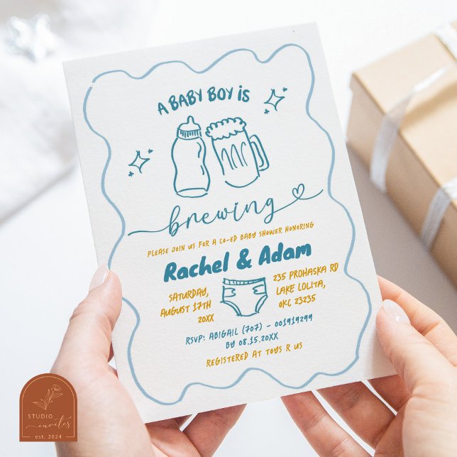 Invitation Fête de bébé garçon Blue Hand Drawn Baby est en ro (Créateur téléchargé)