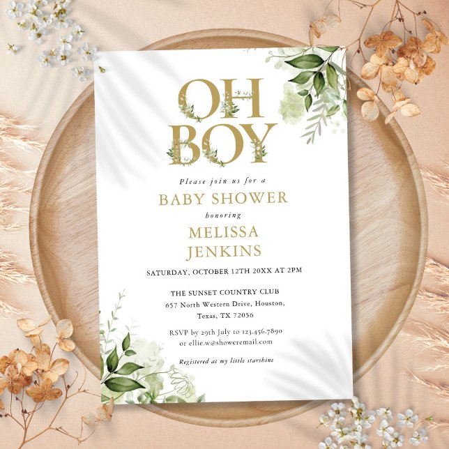 Invitation Fête de bébé Garçon Botanique Végétal Doré (Oh Boy Botanical Greenery Gold Baby Shower Invitation)