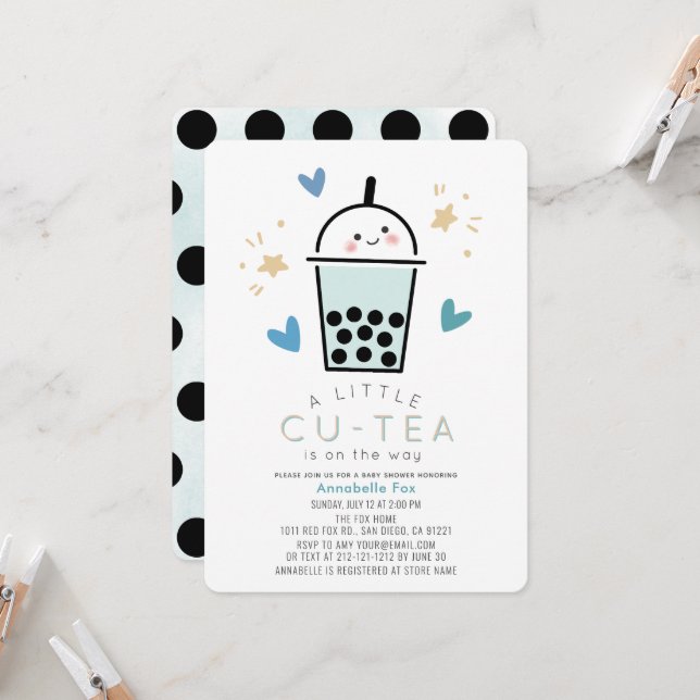 Invitation Fête de Bébé Garçon Bubble Tea Boba Blue Boy (Devant/Arrière en situation)