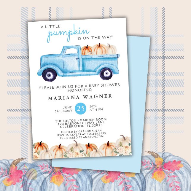 Invitation Fête de bébé garçon camion petite citrouille bleue (Créateur téléchargé)