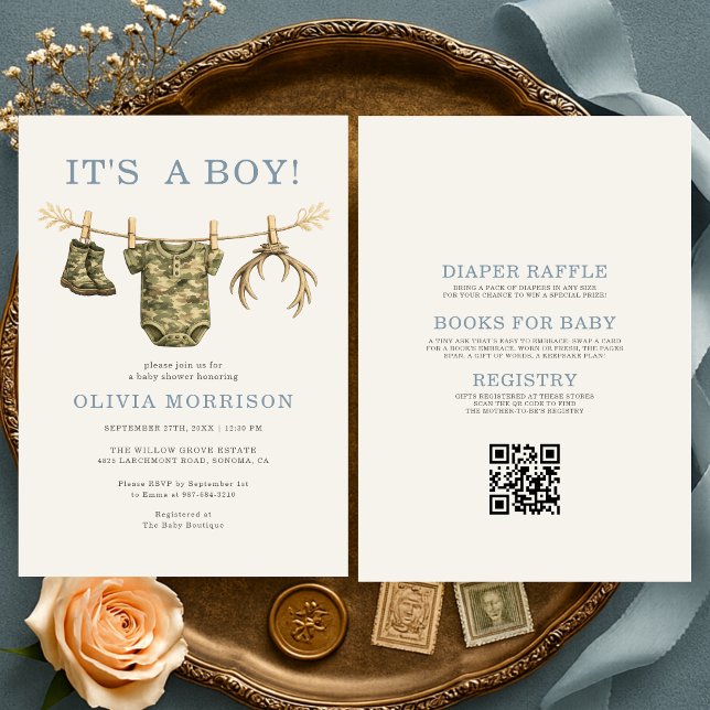 Invitation Fête de bébé garçon Camouflage Chasse Tout en Un (Créateur téléchargé)
