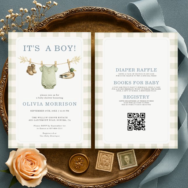 Invitation Fête de bébé garçon Canard de chasse Gingham Tout  (Créateur téléchargé)